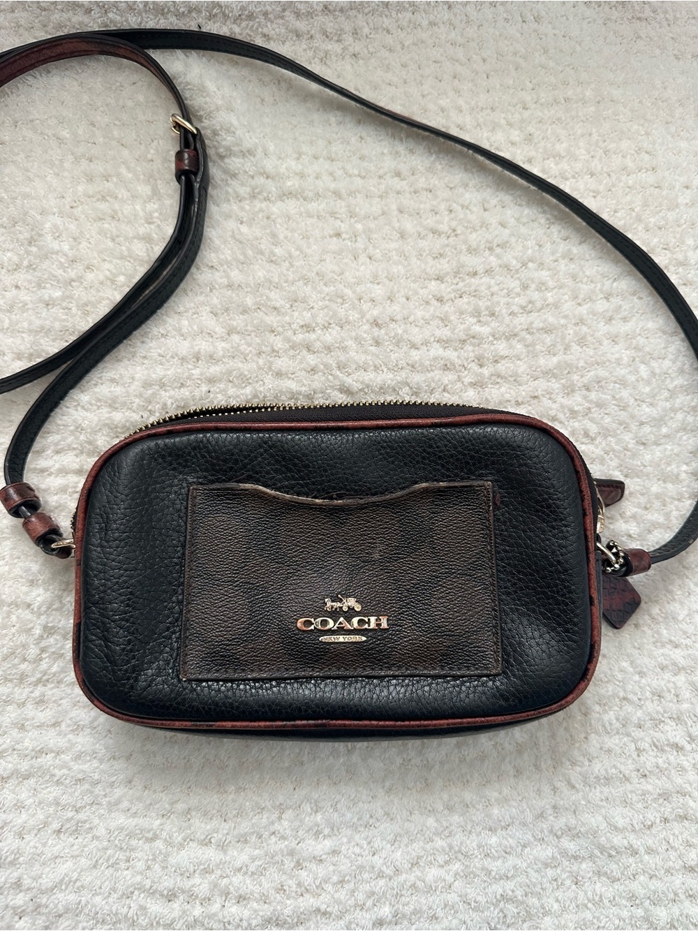 Coach Black and Brown Pebbled Leather Crossbody with Signature Patch
